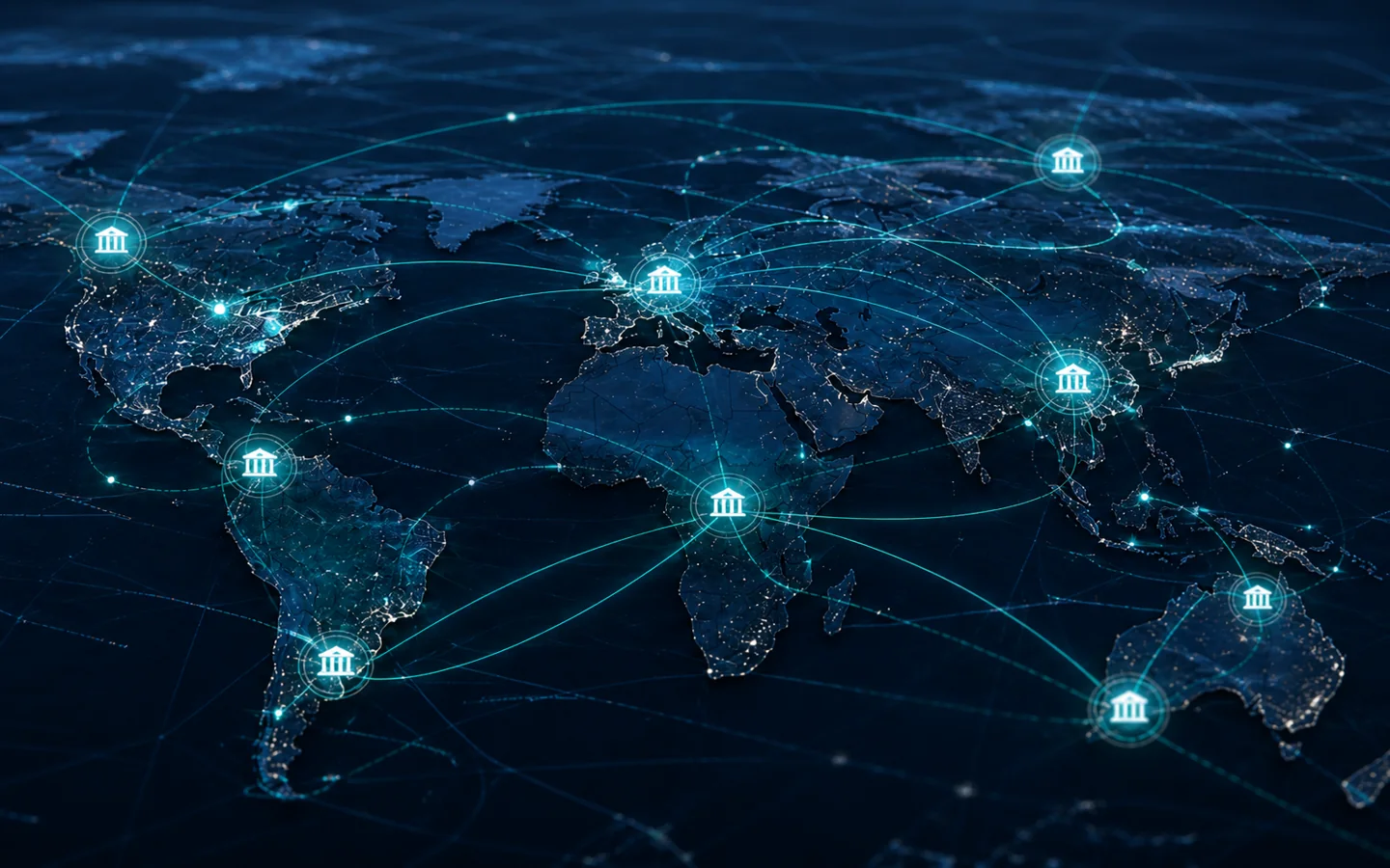 Conceptual global financial network with connected institutional nodes